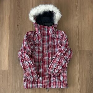 Roxy Red Pink Plaid Kids Ski Jacket with detachable Faux Fur Hood